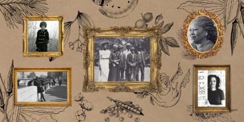 A collage of illustrations and family photos